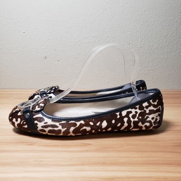 Michael Kors Women's 7‎ Calfhair Ballet Logo Flats Brown Tan Cow Print Western